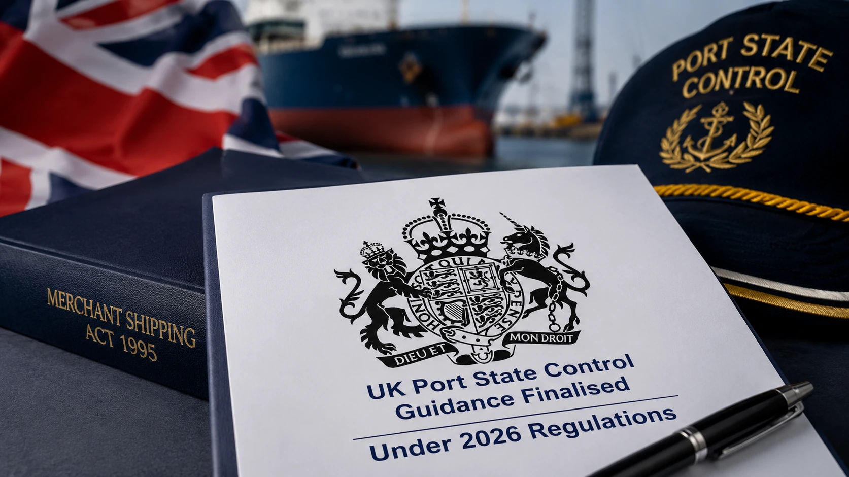 Illustrative view of a port state control inspection being conducted on a merchant vessel alongside.