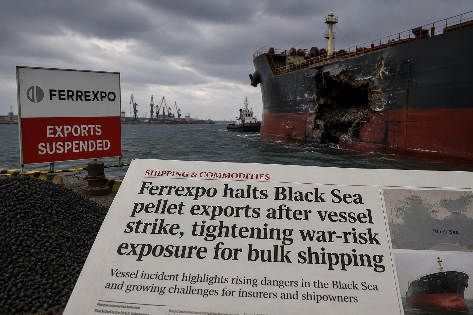Bulk carrier alongside a terminal loading iron-ore pellets, illustrating the Black Sea bulk-cargo trade affected by heightened navigation risk.
