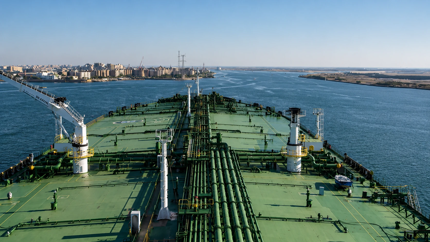 A very large crude carrier transits the Suez Canal in Egypt.