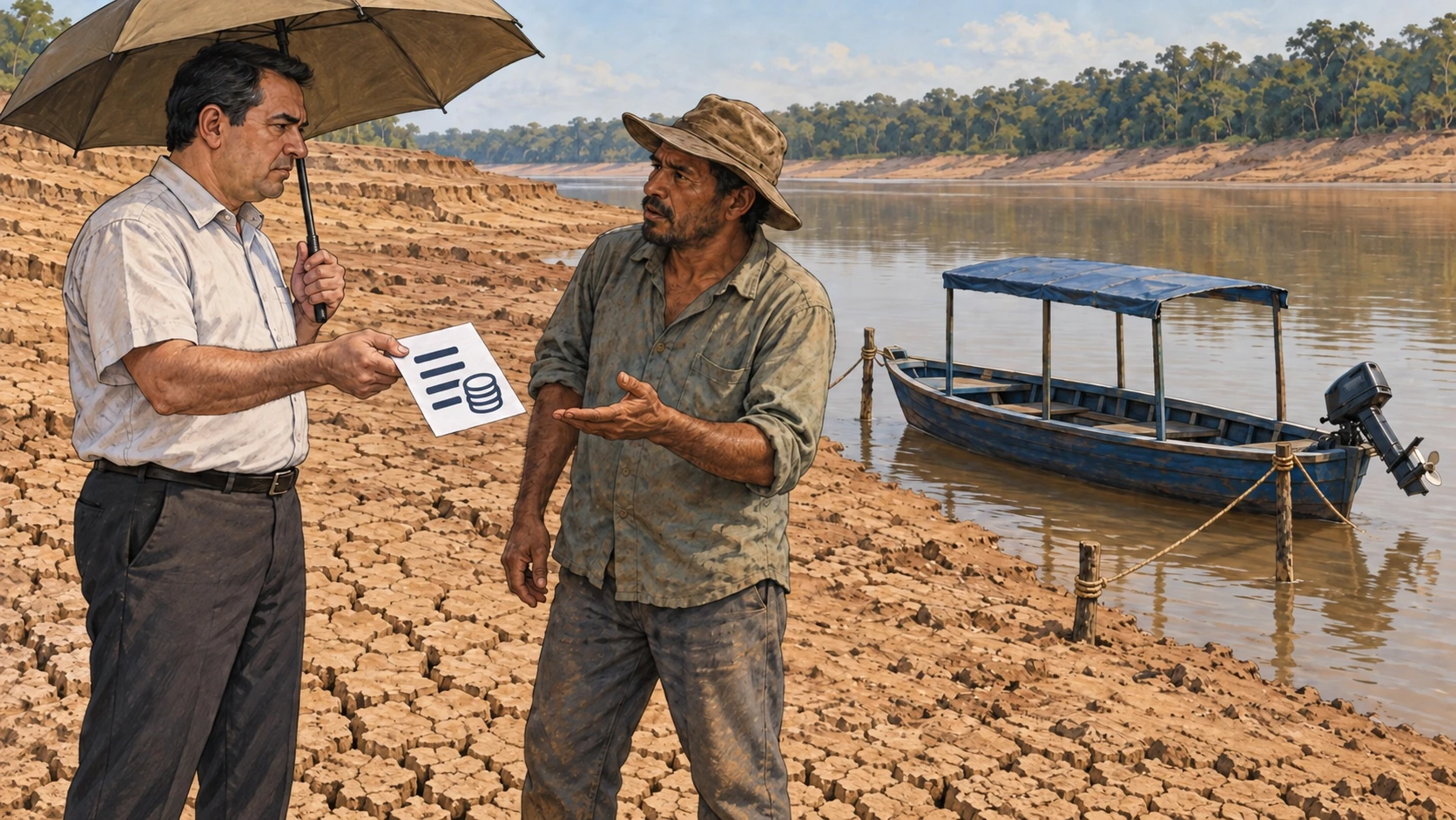 Ilustración editorial de un hombre presentando a otro una factura por bajo nivel de agua, junto a una embarcación amarrada en la ribera de un río afectado por la sequía.