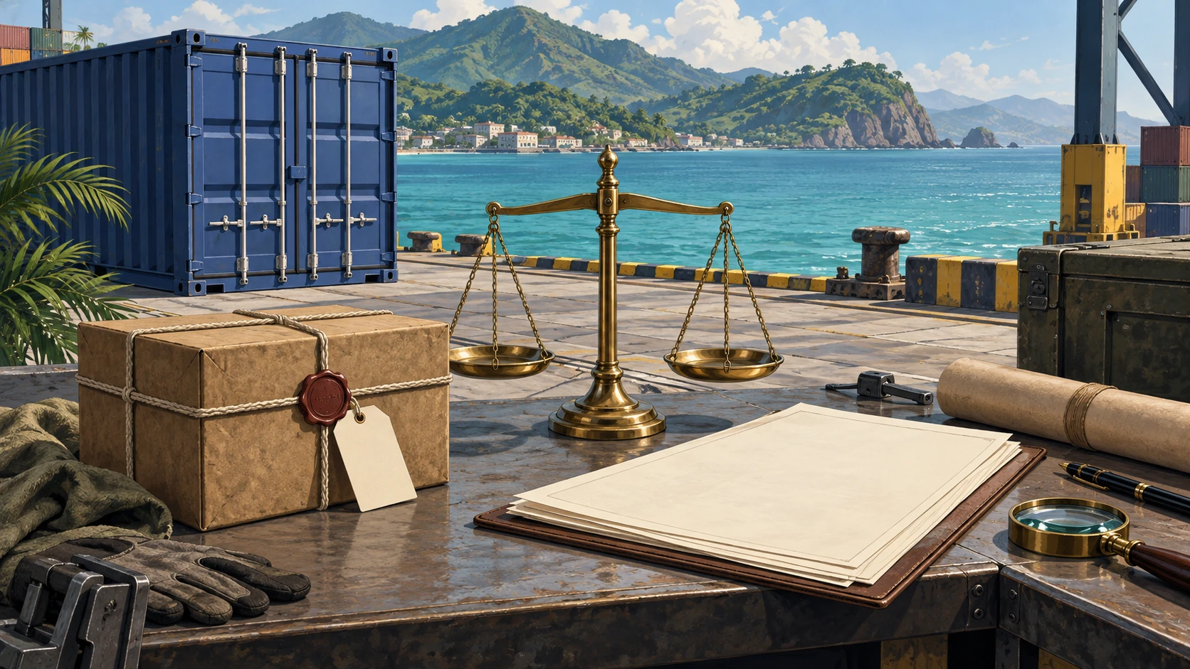 Bilancia, campione di carico sigillato e registri in bianco accanto a un container, in un’illustrazione.