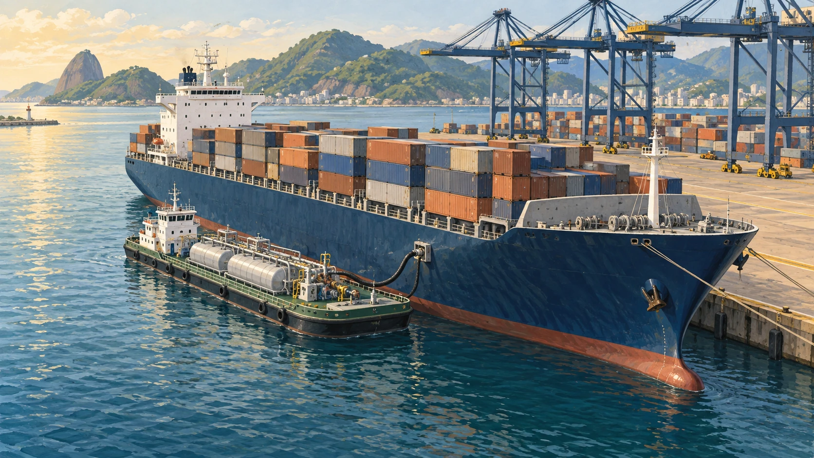 Illustriertes Bunkerboot längsseits eines Containerschiffs, verbunden durch einen Transferschlauch.