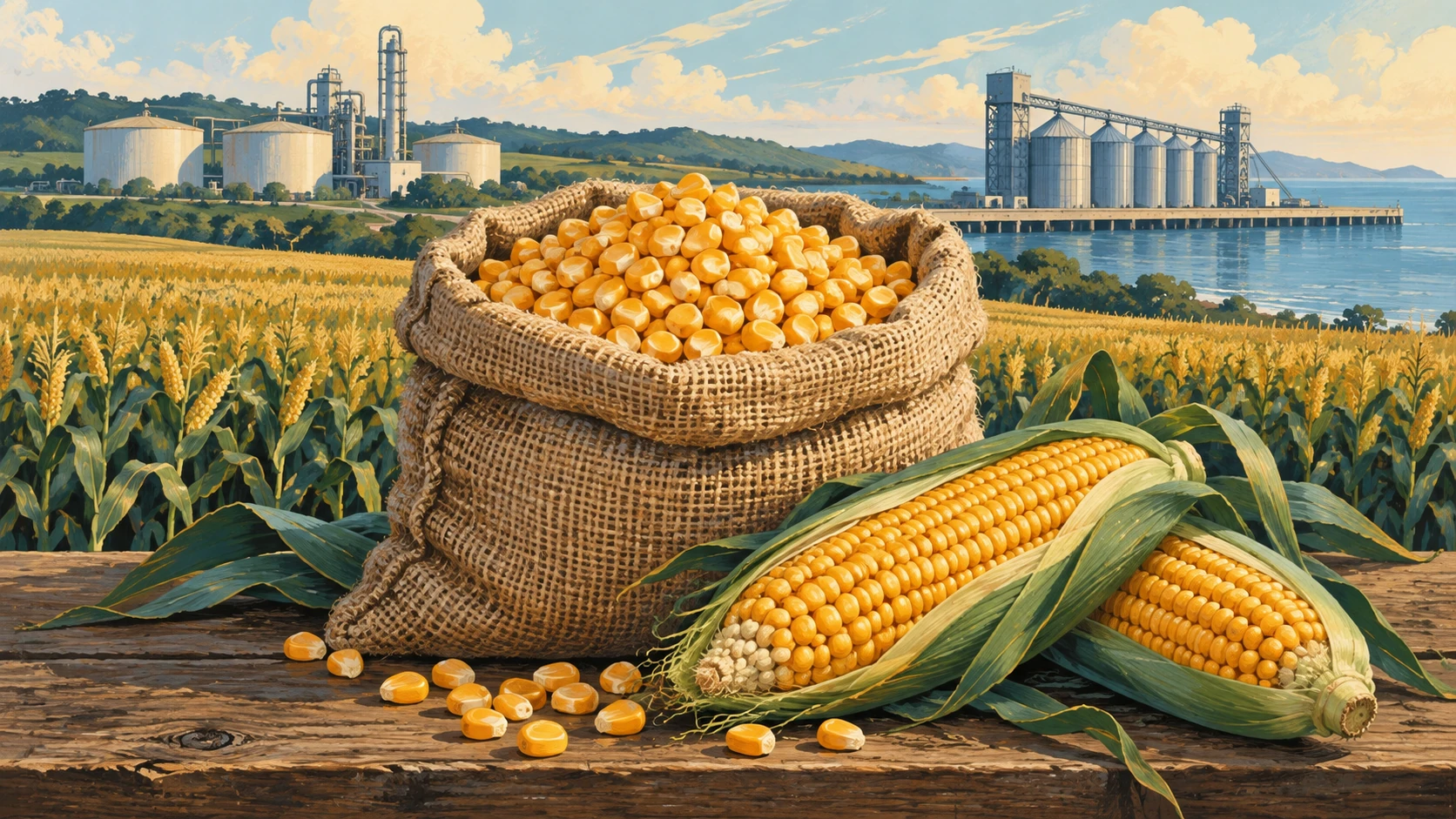 Illustrated corn sack and ears of maize, with a biofuel plant and grain terminal beyond.