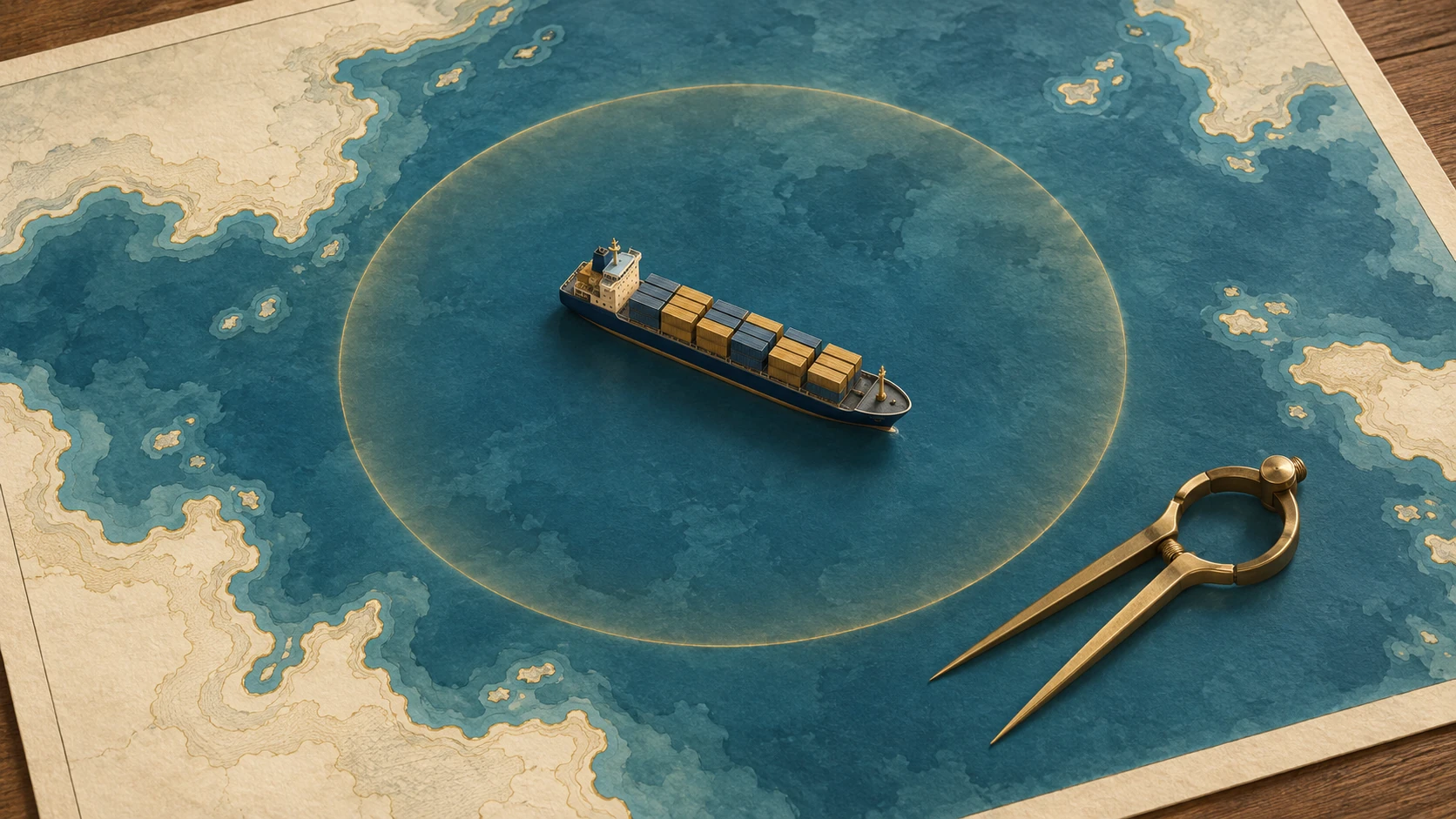 Modello di portacontainer su una carta astratta senza testo, entro un anello dorato, accanto a un compasso nautico.
