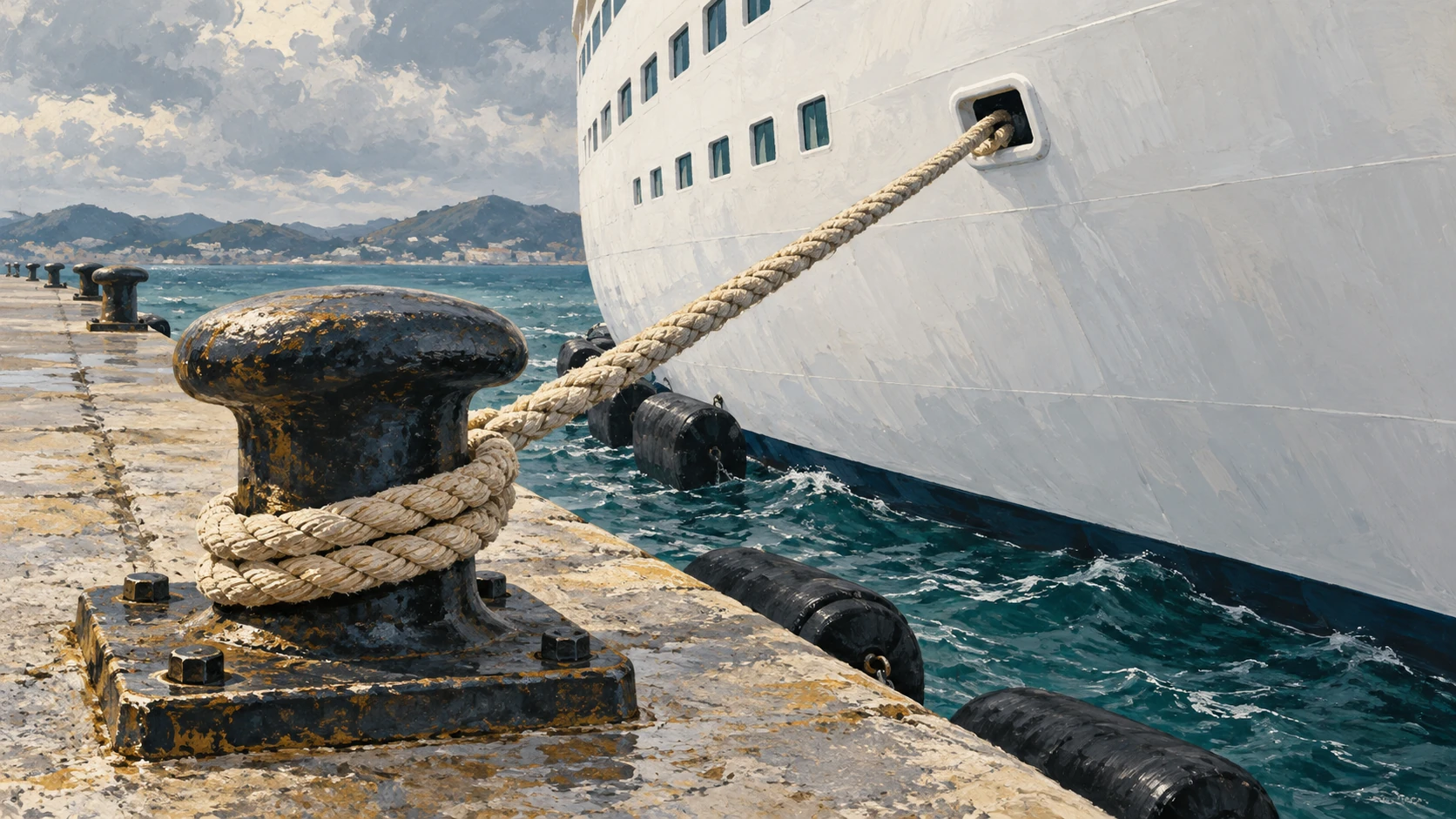 Άθικτος κάβος συνδέει δέστρα της προβλήτας με λευκό κύτος κρουαζιερόπλοιου, με προσκρουστήρες στο διάκενο νερού.