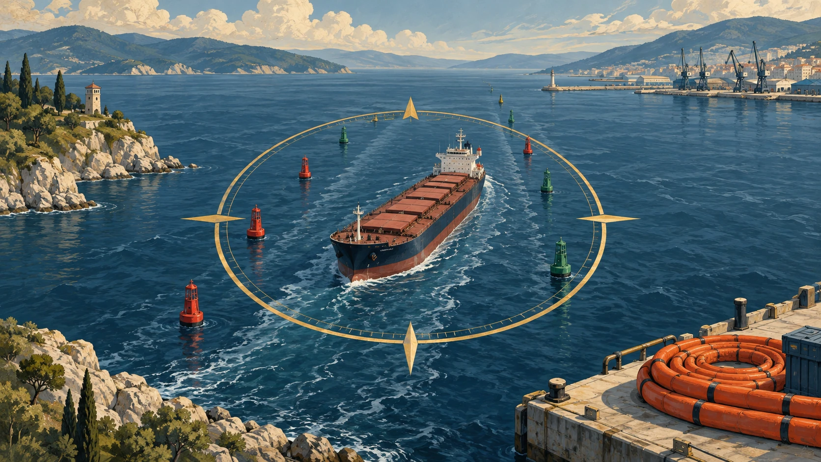 Illustrated bulk carrier between navigation buoys, with a golden compass ring and a containment boom on a quay.
