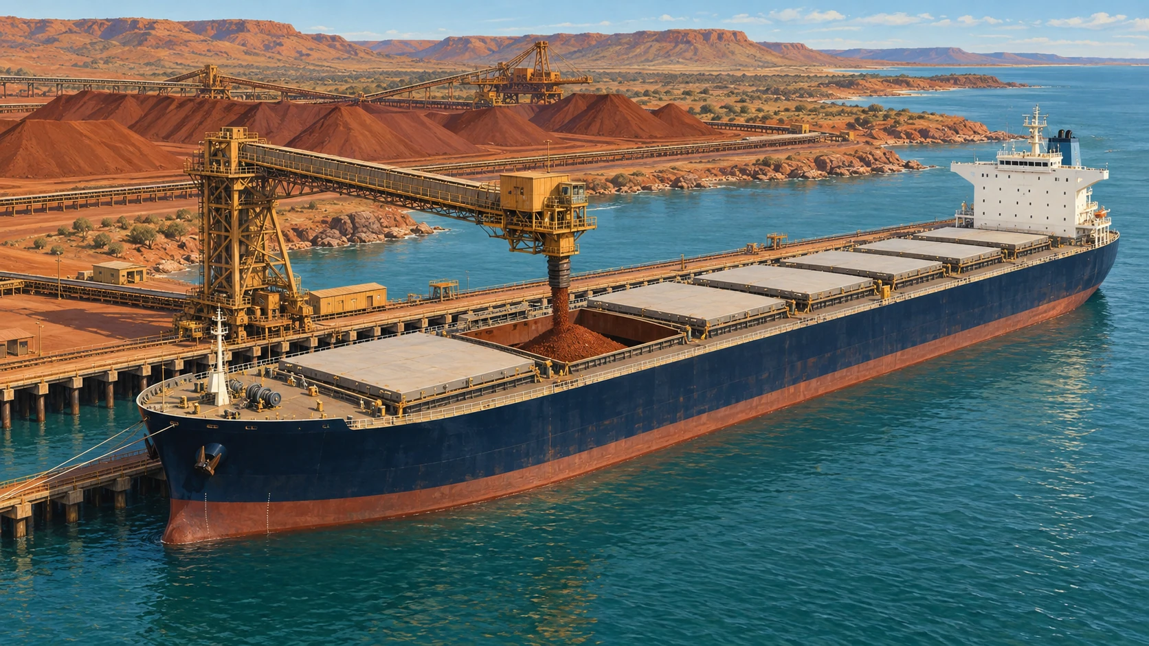 Illustrated shore conveyor loading reddish iron ore into an open hold of a bulk carrier beside an arid coastal terminal.