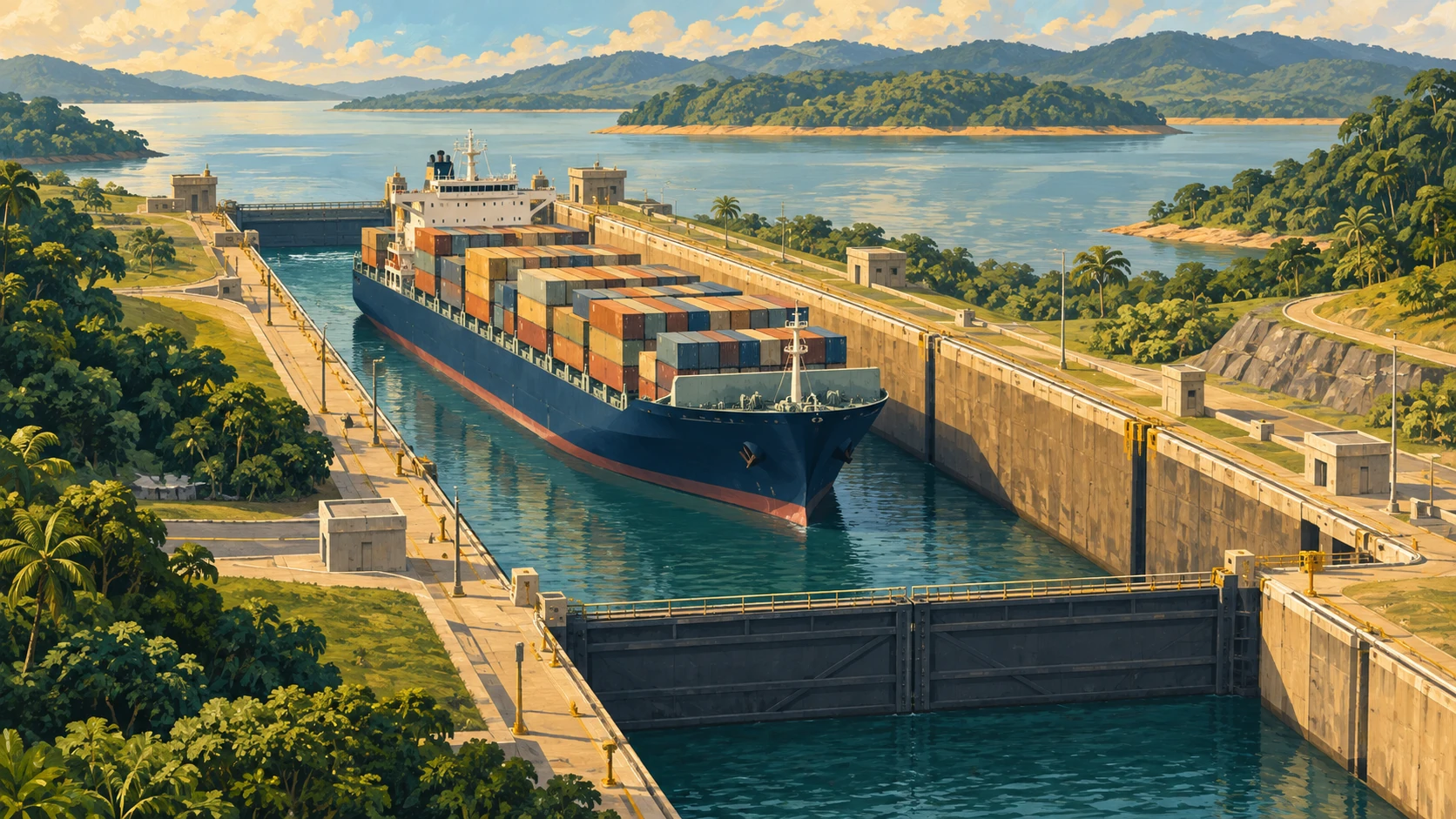 Illustrated container ship inside a water-filled lock chamber, with a closed gate in front and a wooded reservoir behind.