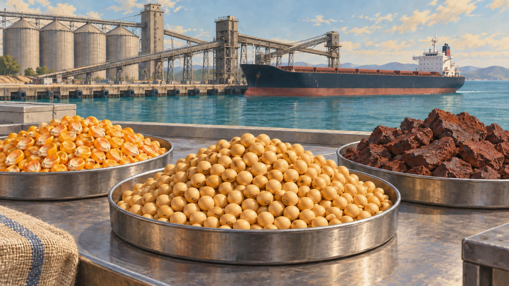 Illustrated separate trays of soybeans, corn kernels and iron ore in front of a bulk carrier and export-terminal silos.