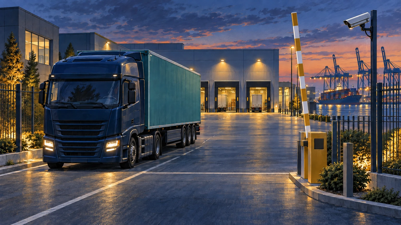 Camion illustré près d'une barrière levée, d'une caméra de surveillance et d'un entrepôt éclairé proche de grues portuaires.