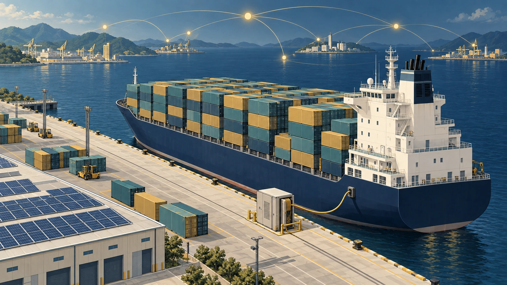 Illustriertes Containerschiff am Landstromschrank, mit Solarmodulen auf einem Dach und goldenen Netzlinien zwischen entfernten Häfen.