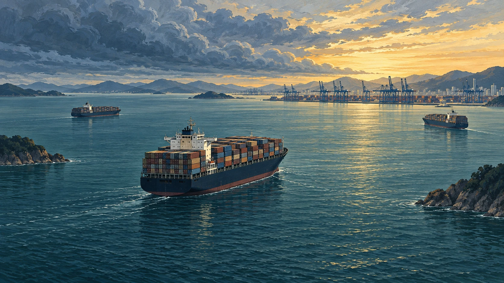Illustrated container vessels widely separated on calm water near a terminal beneath layered clouds and golden light.